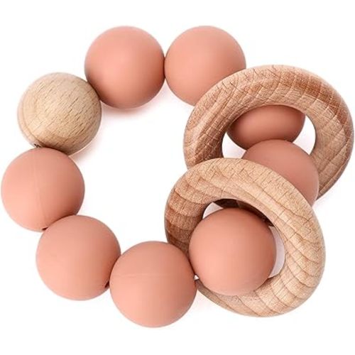 Socub Baby Teething Toy, Organic Baby Teething Ring, Silicone & Beech Baby Rattle Teether for baby 3+ Months, BPA Free, Muted