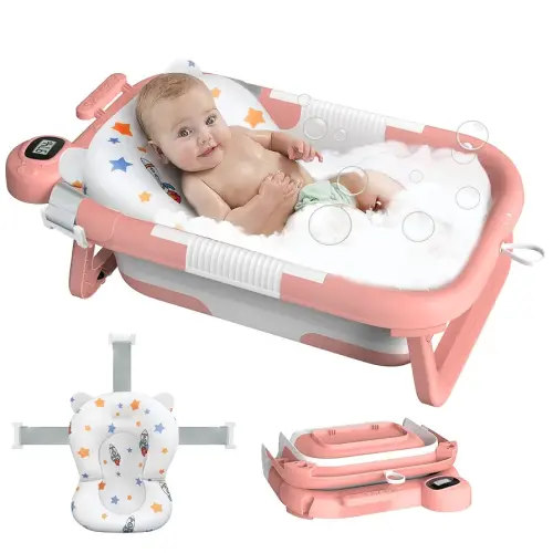 Collapsible Baby Bathtub, Baby Bath Tub for Newborn to Toddler with Floating Cushion for Bath Support, Portable Baby Tub for Infants with Temp Monitor, 0-36 Months Baby Bath Essentials, Pink