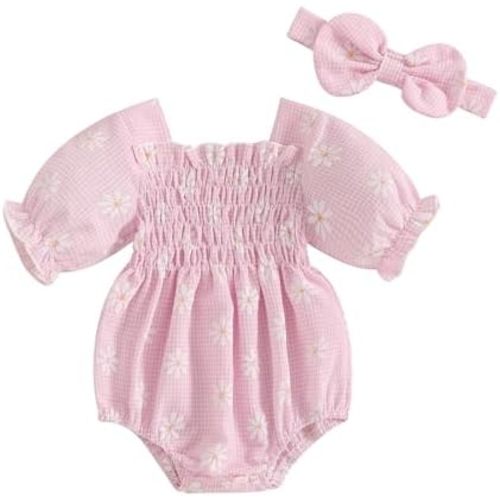 Douhoow Baby Girl Plaid Romper Flying Sleeve Baby Bubble Romper Ruffle Baby Bodysuit Spring Summer Clothes with Headband