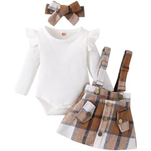 Douhoow Infant Girl Fall Outfits Baby Girl Romper Plaid Suspender Dress Skirt with Headband 3Pcs Festival Clothes