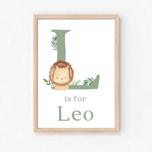Sage Green Lion Nursery Wall Decor, Lion Name Print, Green Jungle Bedroom, Personalised Safari Name Wall Art, Watercolour Nursery Boys