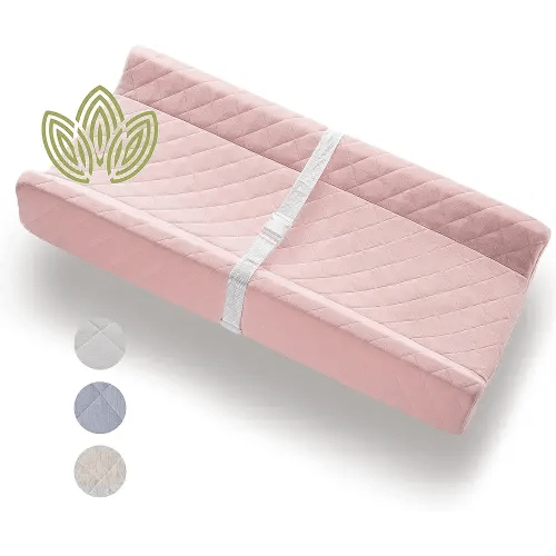 Organic Cotton Contoured Baby Changing Pad w/Waterproof Foam Mattress, Includes Soft, Removable & Washable Cover, Safety Strap, Non-Slip Bottom, Topper for Standard Size Infant Diaper Table & Dresser