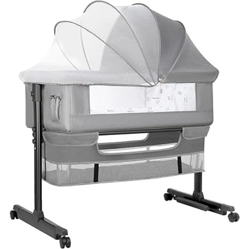 Baby Bassinets Bedside Sleeper, 3 in 1 Baby Bassinet, Adjustable Easy Folding Portable Bed, with Mosquito Nets, Large Storage Bag, Comfortable Mattresses, for Infant/Baby/Newborn (Gray)