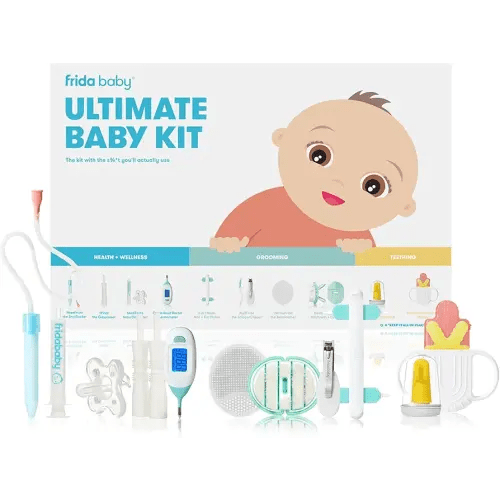 Frida Baby Ultimate Baby Kit | Baby Essentials Gift Set Includes Wellness, Sick Day, Gas Relief Essentials, Grooming Tools & Teething Toys