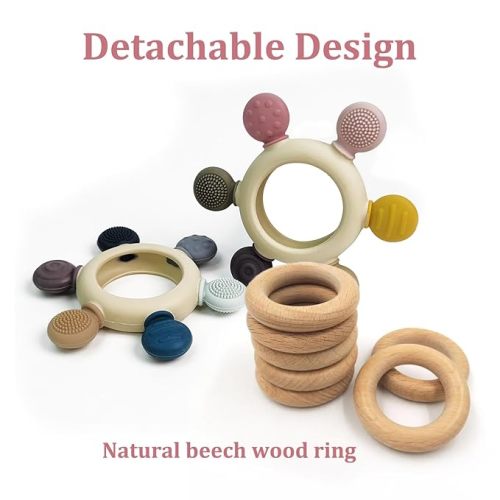 Baby Teething Toys with Wooden Ring, Teethers for Babies 3-6 Months, Wooden Baby Toys, Easy to Grasp Toy for Baby Teething Relief, Chew Toys for Sucking Needs, Silicone Baby Teether BPA Free - Pink
