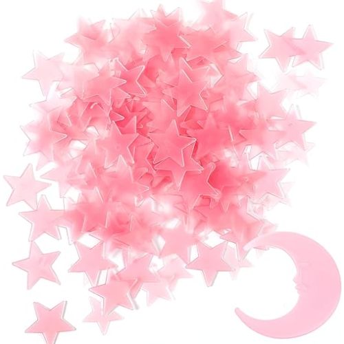 100 Stars & 1 Moon Glow in The Dark Stars for Ceiling, Pink Glowing Wall Stickers with Adhesive Pads, Plastic Luminous Fluorescent 3D Glowing Star for Boys and Girls Room Decor