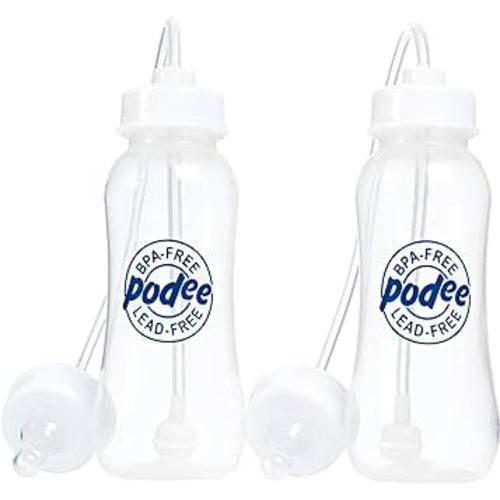 Hands-Free Baby Bottle - Anti-Colic Self Feeding 9 oz Baby Bottle Nursing System with Fast Flow Nipple/Teat 3m+ Infant (2 Bottles - Podee Blue)