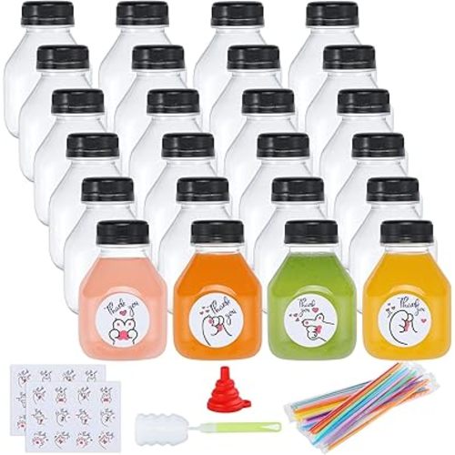 24 Pack 8oz Reusable Empty Plastic Juice Bottles with Leak-Proof Caps Lids, PET Clear Water Bottle, Recyclable Bulk Drink Containers for Juicing, Smoothie, Milk and Beverages