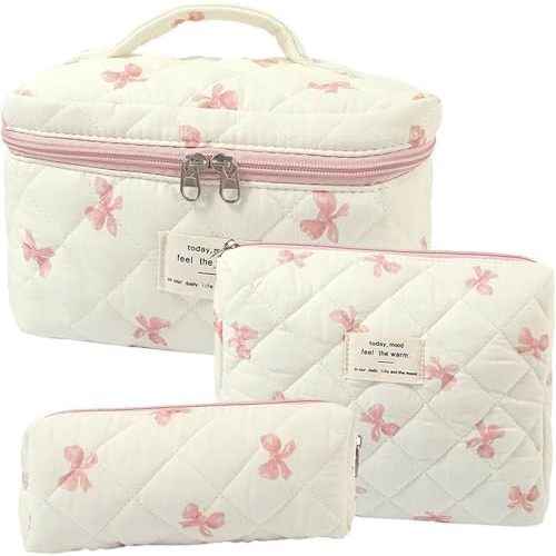 3 Pcs Quilted Makeup Bag,Bow Makeup Bag,Coquette Makeup Bag,Floral Makeup Bag Set,Large Toiletry Cosmetic Bag Makeup Bag Organizer for Women Girls (L-3PCS)