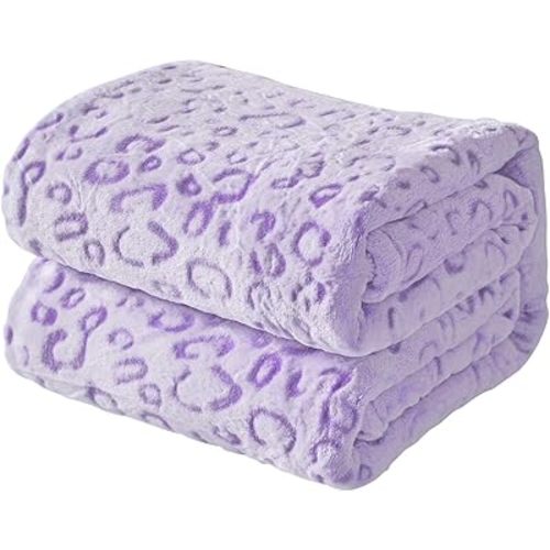 FY FIBER HOUSE Flannel Fleece Throw Microfiber Blanket with 3D Cheetah Print,50"X60",Purple