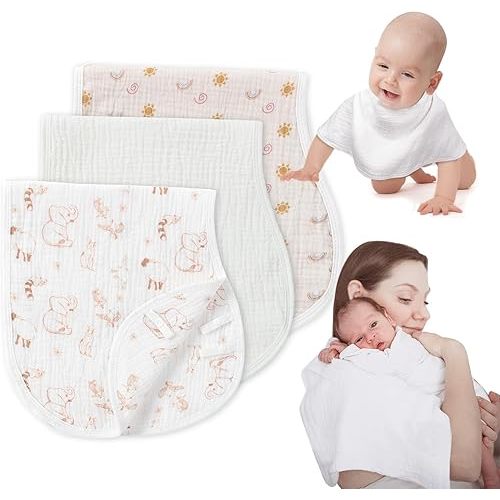 Muslin Burp Cloths with Snaps, Multi-Use Burpy Bib 100% Natural Cotton,Large 22"X11" Extra Absorbent Burping Cloth for Baby Girl & Boy, Safari & Rainbow & White