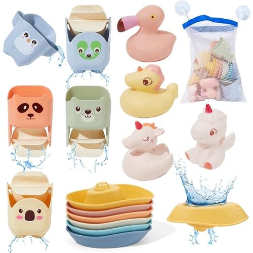 Bath Toys, 15 Pack | Mold-Free Bath Toys for Babies 6-12M & Kids Ages 1-3 | Fun & Safe and Easy to Clean Floating Boats & Bath Cups | Sealed, Easy-Grip No Hole Bath Toy | Toddler Bathtub Pool Toy