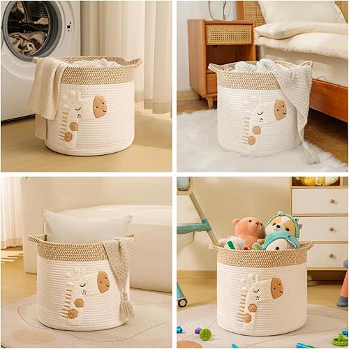 Large Blanket Baskets for Living Room Decor, Toy Storage Baskets Woven Cotton Rope Storage Basket for Kids, Dog Toys Organizer Clothes Hamper with Embroidery Decor for NurseryLaundry (Large, Giraffe)