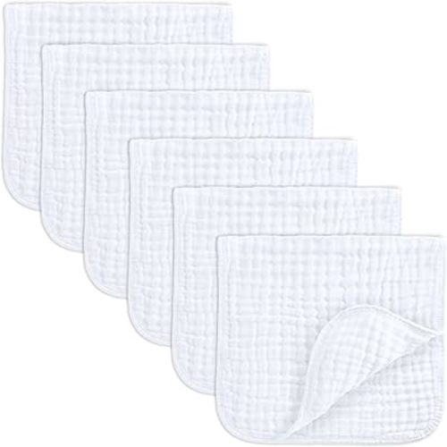 Comfy Cubs Muslin Burp Cloths Set Large 100% Cotton Hand Washcloths for Babies, Baby Essentials 6 Layers Extra Absorbent and Soft Boys & Girls Baby Bibs & Burp Cloths Set (White, 6-Pack, 20" X10")