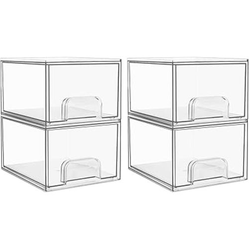 Vtopmart 4 Pack Clear Stackable Storage Drawers, 4.4'' Tall Acrylic Bathroom Makeup Organizer,Plastic Storage Bins For Vanity, Undersink, Kitchen Cabinets, Pantry, Home Organization and Storage