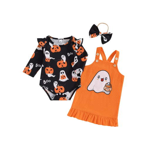 Suealasg 3Pcs Newborn Baby Girls Halloween Outfits Clothes Set 3 6 12 18 Months Infant Girls Flying Sleeve Romper +Ghost Pattern Ruffled Overall Dress +Bow Headband Set