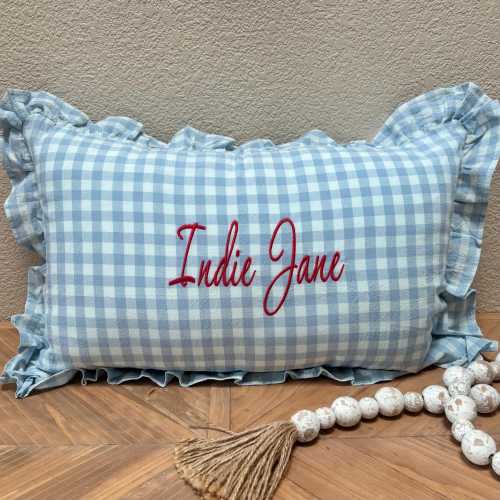 Custom Embroidered Nursery Baby Pillow - Gingham Pillow with Ruffles, Personalized Baby Shower Gift, Newborn Bedding Decor, Toddler Pillows