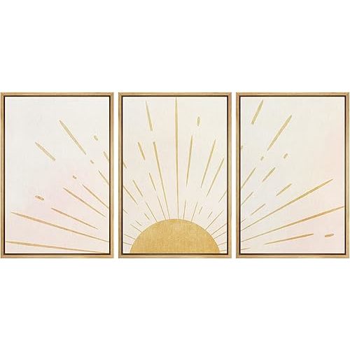 wall26 Framed Wall Art Print Set Shining Yellow Sun on The Horizon Geometric Nature Illustrations Modern Art Mid-Century Modern Scenic Colorful for Living Room, Bedroom, Office - 24"x36"x3 Natural