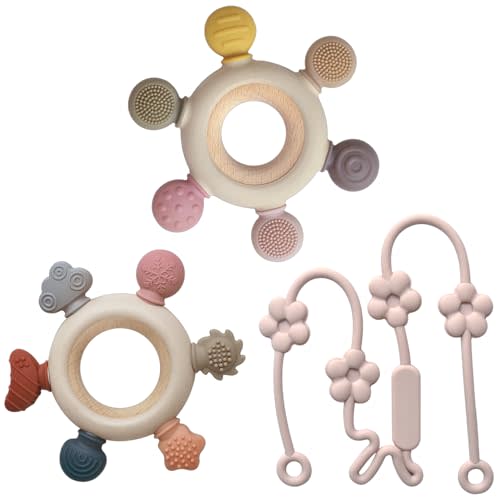 3 Packs Teether Rings for 0-6 6-12 Months Babies, Teething Toys with Pacifier Clip Holder, Baby Chew Toys for Sucking Needs, Baby Essentials