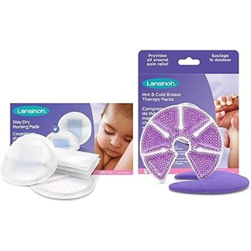 Lansinoh Stay Dry Disposable Nursing Pads (100 Count) + Breast Therapy Packs with Soft Covers (2 Pack)