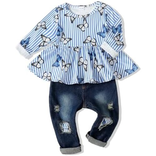 NZRVAWS Toddler Girl Clothes Infant Outfits Ruffle T shirt Ripped Jeans Clothing Little 6 12 18 Months 2 3 4 5 6 7T