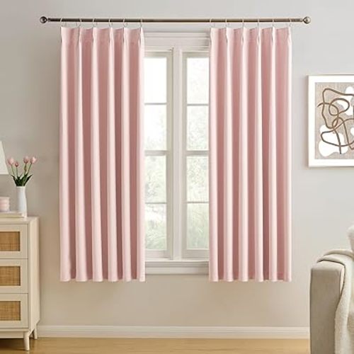 KEQIAOSUOCAI Pinch Pleated Pink Blackout Curtains Short 2 Panels Set 45 Inch Length for Small Windows, Sound & Light Reducing Room Darkening Drape for Bathroom Bedroom(Baby Pink, 2 Panels, W40 x L45)