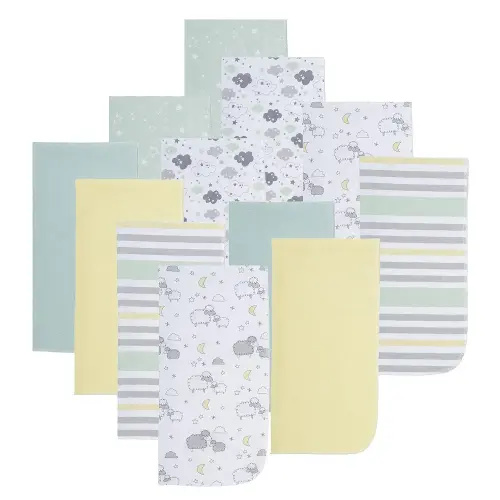 EVERYDAY KIDS 12 Pack Burp Cloths for Baby Boys and Girls - Sheeps, Clouds and Stars