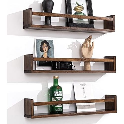 AZSKY Nursery Room Shelves Bookshelf Toddler Book Shelves Deep Walnut Wood Wall Shelves Toys Display Organizer Wall Storage Shelves for Room Decor,Spice Rack Organizer for Kitchen Set of 3