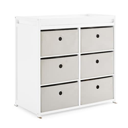 Delta Children Hayes Changing Table and Dresser for Bedroom with 6 Fabric Drawers, Bianca White/Flax Bins