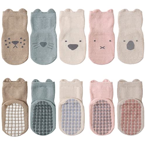 FedMois 5 Pairs Baby Little Kids Anti-slip Socks Cotton non skid Ankle Socks Animals