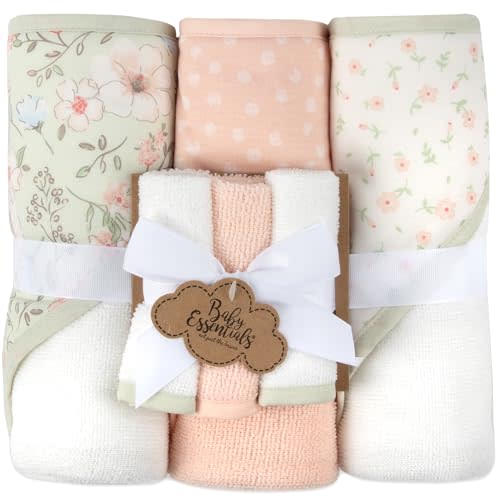 Hooded Baby Bath Towel and Washcloth 6 Piece Set for Newborns, Infants & Toddlers, Boys & Girls Baby Hooded Towels Set Floral Pink