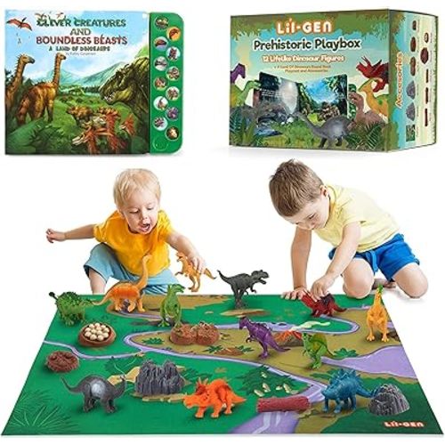 Li'l-Gen Dinosaur Toys for Boys and Girls - 12 Realistic 7-Inch Dinosaur Figures with Interactive Sound Book - Includes Play Mat, Trees, Rocks, Fossils, and More - Educational Toys for Kids Ages 3-5