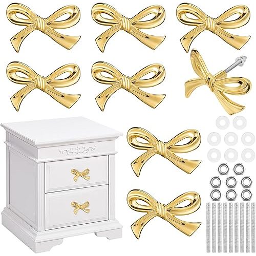 8 Pcs Bow Drawer Knobs Metal Bow Dresser Knobs Vintage Handles for Dresser Gold Handles for Home Bedroom Kitchen Cabinets Hardware Cupboard(Large Size)