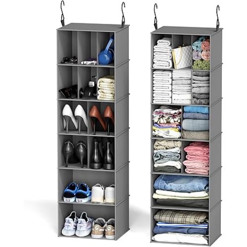 SpaceAid 2 Pack Hanging Closet Organizer and Storage with Dividers, 24 Compartments Hanging Shoe Shelves for Closet, Wardrobe, RV, Garment Rack - Grey