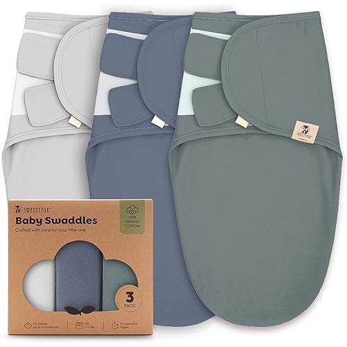 Sweety Fox 3-Pack Organic Baby Swaddle Sleep Sacks - Swaddles for Newborns,Infant 0-3 Months,Baby Girls, Boys, Soft & Snug Newborn Sleep Sack, Nursery Swaddling Blankets, Velcro Closure (Grey Nomadic)