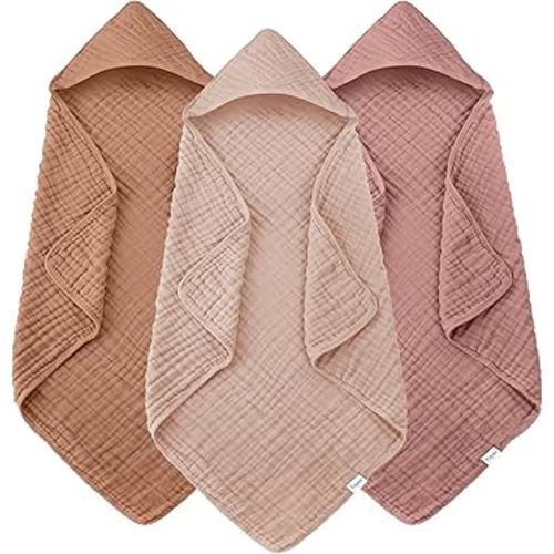 Muslin Hooded Baby Bath Towels - 3 Pack 100% Cotton Ultra-Soft Towels for Newborns, Infants, Toddlers - 32x32 Inch - Highly Absorbent, Quick-Dry Essentials for Bath, Beach, Pool, Bean Paste Series