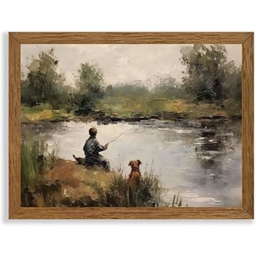 Wojuin Framed Vintage Boy Fishing Canvas Wall Art, Child with Pole and Puppy Artwork Wall Decor, Country Farmhouse Boyhood Dog Paintings Prints for Nursery Living Room Bedroom Bathroom 8x10 in
