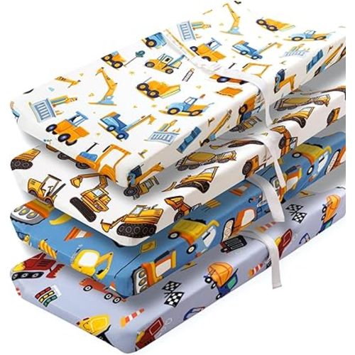 4 Pack Baby Boy Changing Pad Covers Sheets Set Soft Fitted Baby Boy Mattress Covers Construction Truck or Dinosaur Theme Breathable Toddler Sheets for Infant (Construction Truck, Changing Pad Covers)