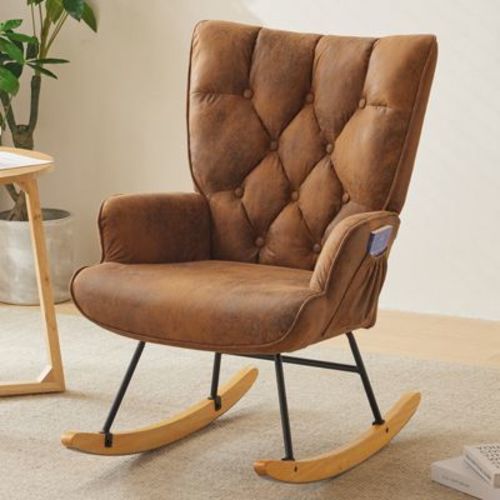 KTMBDW Rocking Chair Nursery, Upholstered Glider Rocker with High Backrest, Modern Rocking Accent Chair Glider Recliner for Living Room Bedroom, Brown