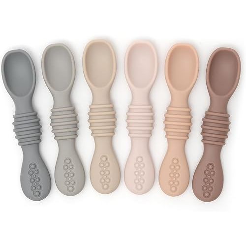 PrimaStella Silicone Chew Spoon 6-Piece Set | First Stage Feeding Spoons | Baby Led Weaning Supplies | BPA Free | Dishwasher and Boil Safe | Neutral Palette