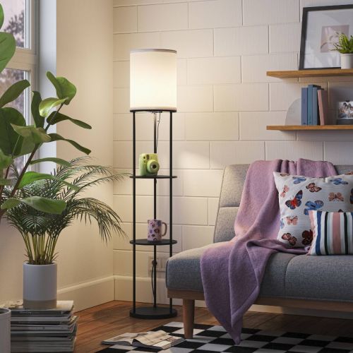 56"x11" Shelf Floor Lamp Black - Room Essentials™: Modern Standing Lamp With Pull Chain, Etl Listed