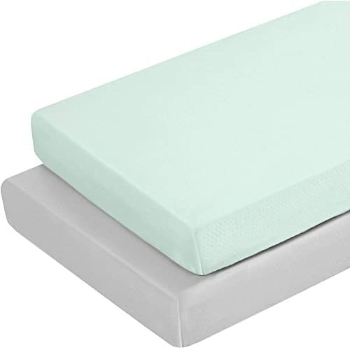 TILLYOU Stretchy Jersey Knit Pack and Play Mattress Sheet Set, Fitted Soft Mattress Cover for Portable Mini Crib, Play Yard, Playpen, Playard Bedding Sheet for Boy Girl, 2-Pack Lt Green & Lt Gray