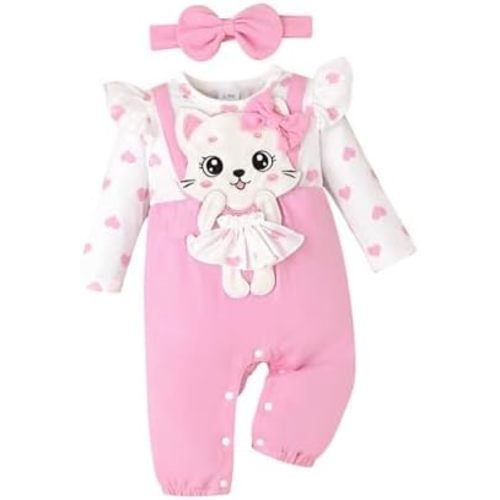 Baby Girl Clothes Newborn Romper Cute Cat Ruffled Long Sleeve Love Fall Winter Outfits with Bow Headband 0-18 Months