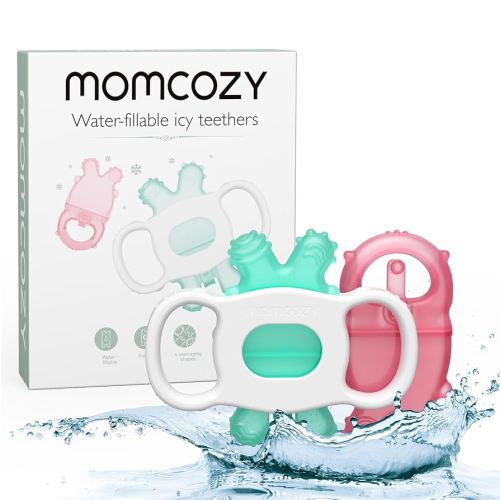 Momcozy Baby Teether Toys, Water Fillable Silicone Cold Baby Teething Toys Chill Teether, Baby Water Teether for Teething Relief 0-12 Months, Green and Pink 2 Pcs