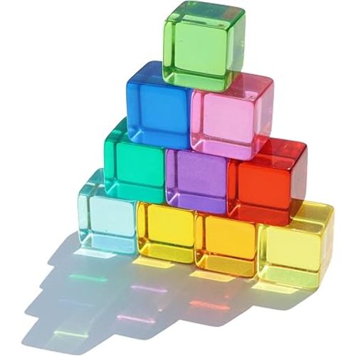 Rainbow Acrylic Gem Cubes Blocks Children Educational Sensory Training Crystal Toys Baby Learn Color Light Shadow Stacking Toys (10-Pcs)