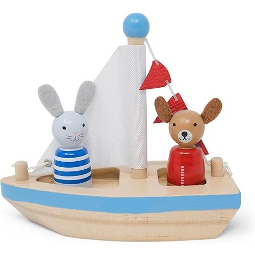 Boats and Buddies- Dog and Bunny by Jack Rabbit Creations- 3 Piece Wooden Floating Bath Toys - Includes 2 Removable Animals- Water Table, Sink, and Bathtub Fun for Toddlers 3+
