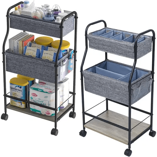 3-Tier Baby Diaper Caddy Organizer and Storage Cart with 4+2 Dividers, Mobile Metal Utility Cart with Rolling Wheels for Nursery Essentials, Large Capacity Rolling Cart for Crib, Bedroom, Bathroom