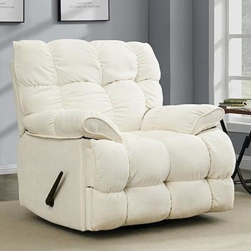 Pationate Oversized Recliner Chair, Overstuffed Swivel Rocker with Extra Wide Seat & Breathable Fabric for Living Room (Manual, White)