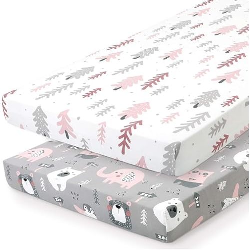 Pack n Play Sheets, BROLEX 2 Pack Mini Crib Sheets,Stretchy Portable Fitted Playard Sheet Set, Convertible Playard Mattress Cover,Ultra Soft Breathable Material,Jungle Animals