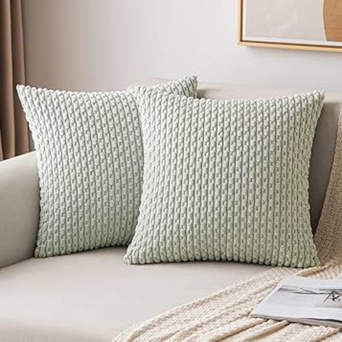 MIULEE Throw Pillow Covers Soft Corduroy Decorative Set of 2 Boho Striped Pillow Covers Pillowcases Farmhouse Home Decor for Couch Bed Sofa Living Room Spring 18x18 Inch Light Green